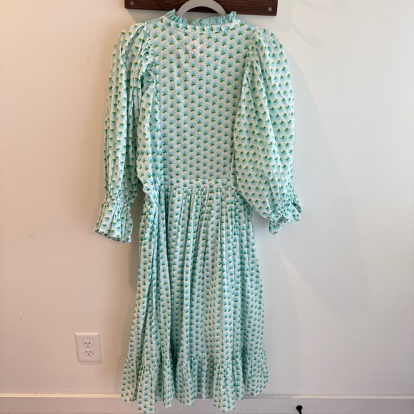 Elizabeth Wilson‎ Tassel Trim Puff Sleeve Midi Dress Blue Green Large - Picture 5 of 6